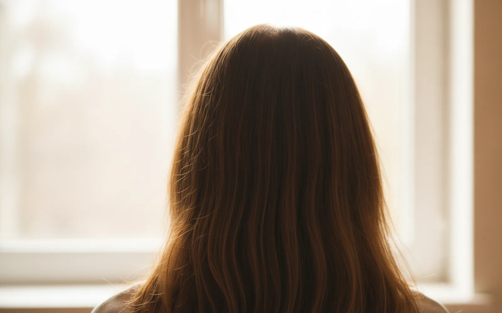 A few flyaway strands catch the window. The edge is soft, not a sticker cut around the head.