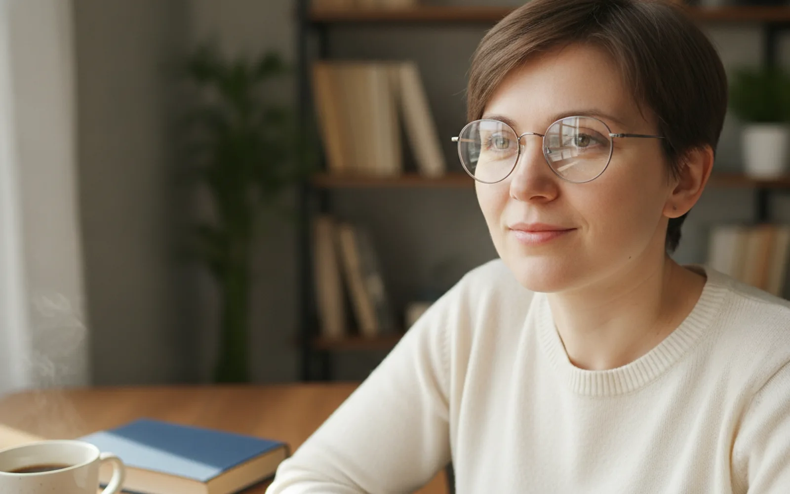 The lenses reflect one window, and the eyes stay visible. They do not reflect a studio that is not there.
