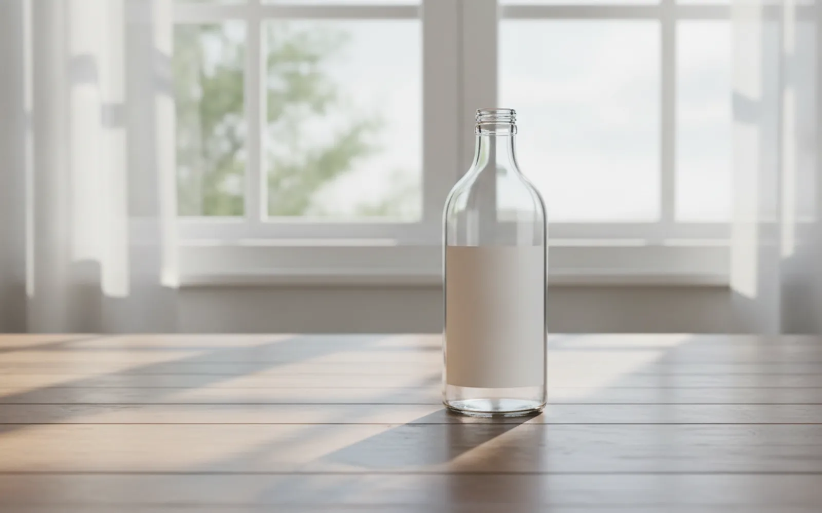 One soft shadow touches the bottle. The label is blank here so the light is what you are judging.