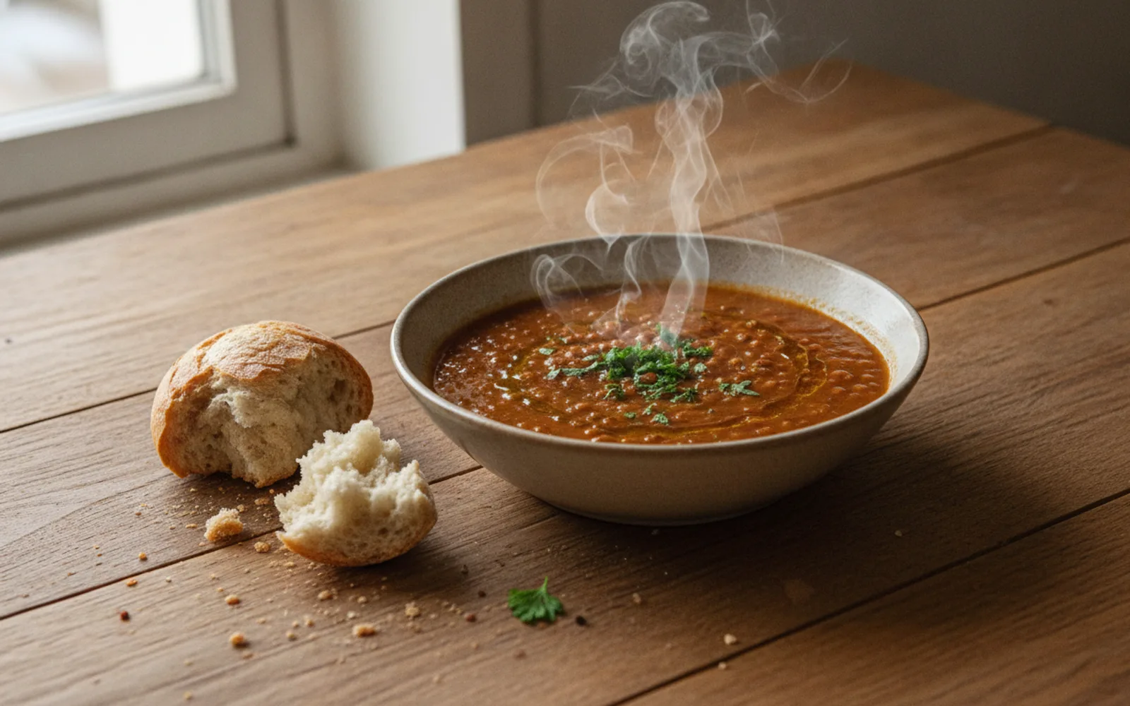 A little steam and a few crumbs. The plate is not spotless, so the dish looks just served.