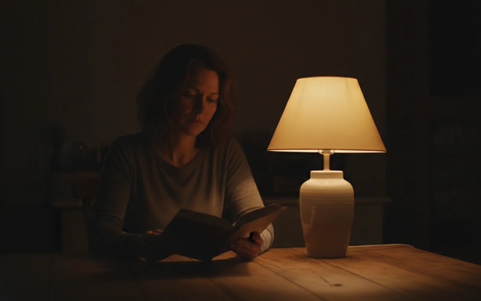 One lamp lights the face. The rest of the room falls off. There is no mystery fill from off camera.