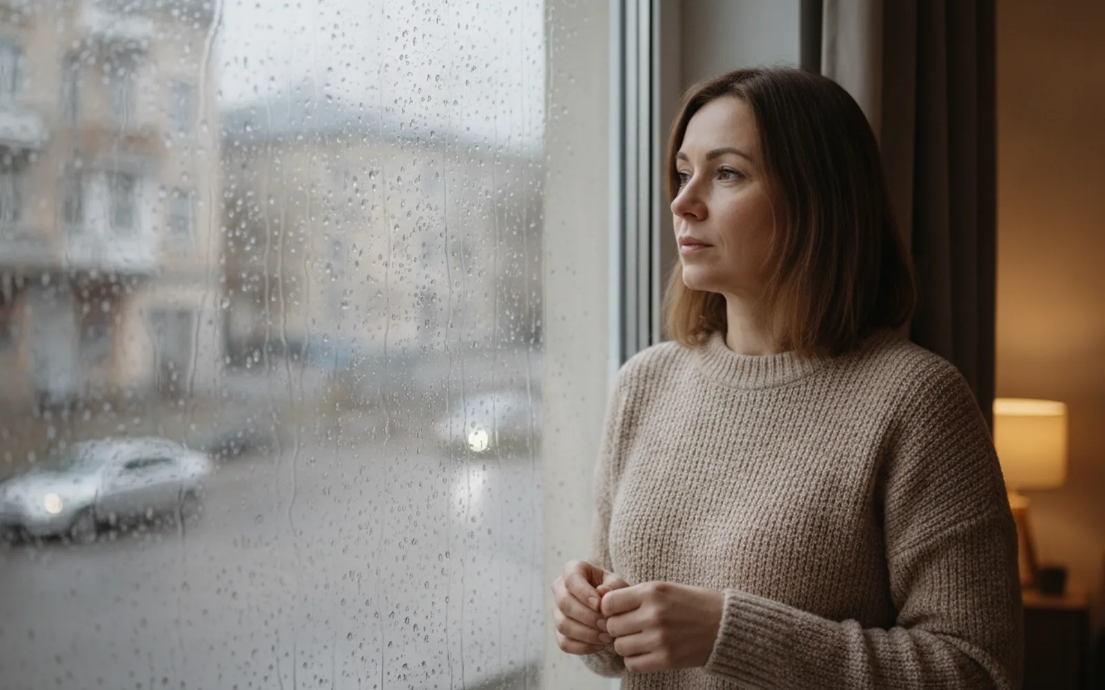 The rain is on the glass. The person inside is dry, which is the difference between a window and a storm on the face.