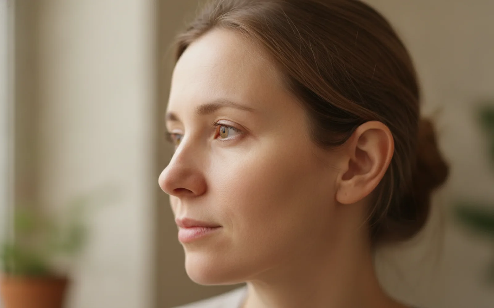 The room is soft. The ear and the eye stay sharp, which is what a short lens distance actually does.