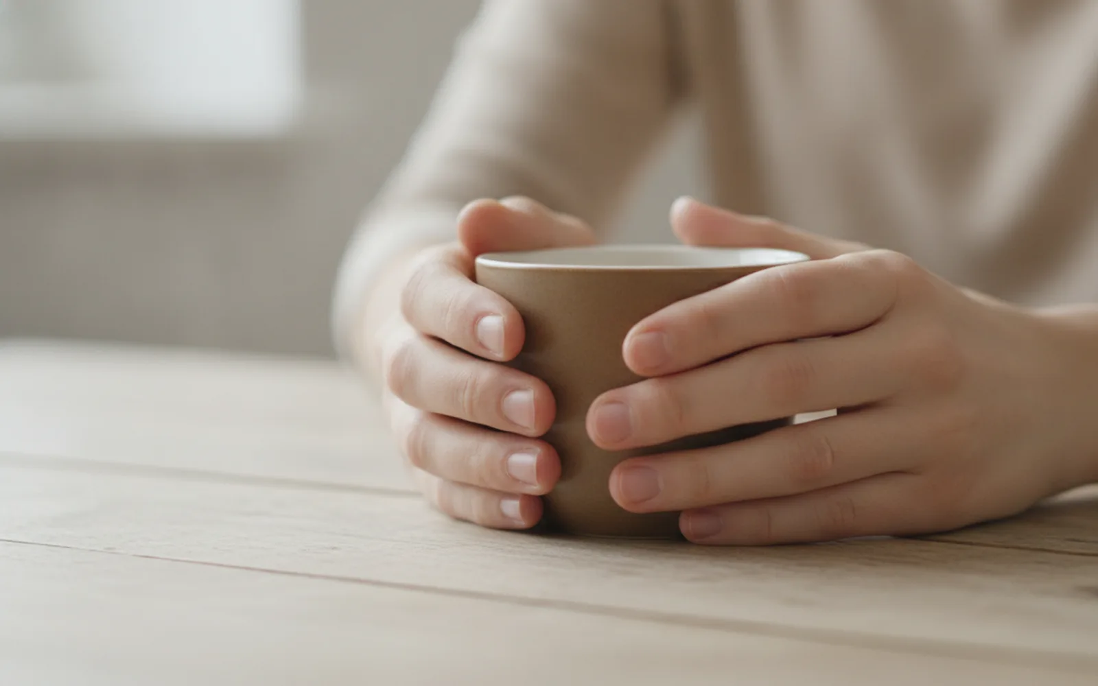The hands have a job: they hold one plain cup. Empty gestures are where extra fingers show up.